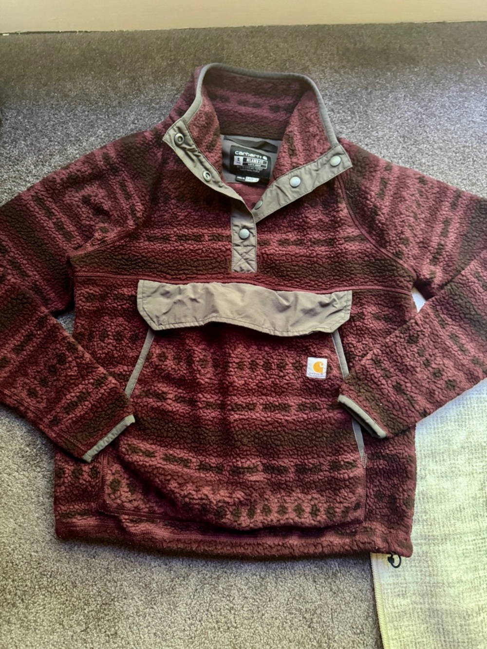 Carhartt Men’s Burgundy Fleece Pullover Sweatshirt Aztec Pockets Mock S